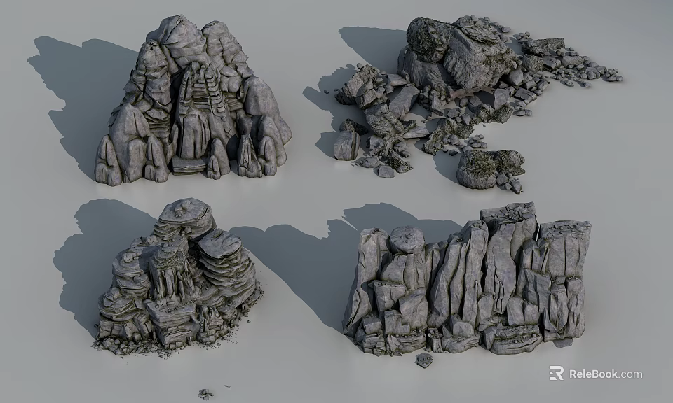 Natural Stone And Wood Decorative Models With Stacked Textured Rock Formations 3d model 