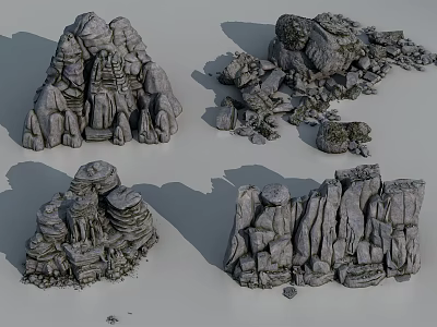 Natural Stone And Wood Decorative Models With Stacked Textured Rock Formations 3d model