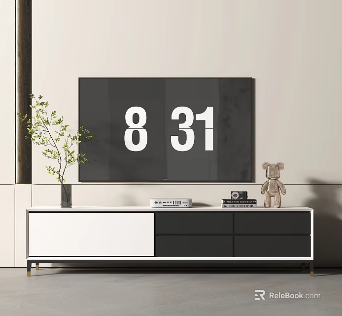 Modern White Black TV Stand with TV Screen Vase Green Plant Teddy Bear and Books 3d model 