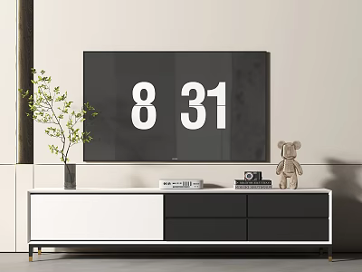Modern White Black TV Stand with TV Screen Vase Green Plant Teddy Bear and Books 3d model