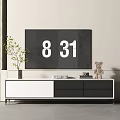 Modern White Black TV Stand with TV Screen Vase Green Plant Teddy Bear and Books