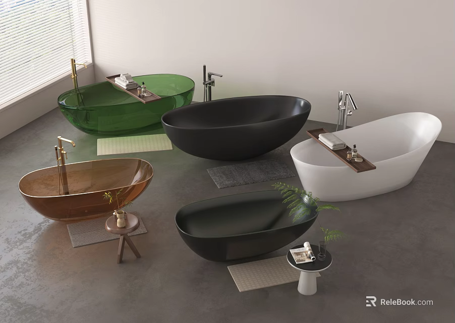Green Black Brown White Freestanding Oval Bathtubs in Modern Room with Plants and Small Tables 3d model 