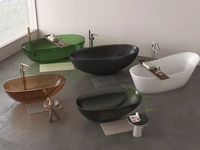 Green Black Brown White Freestanding Oval Bathtubs in Modern Room with Plants and Small Tables 3d model