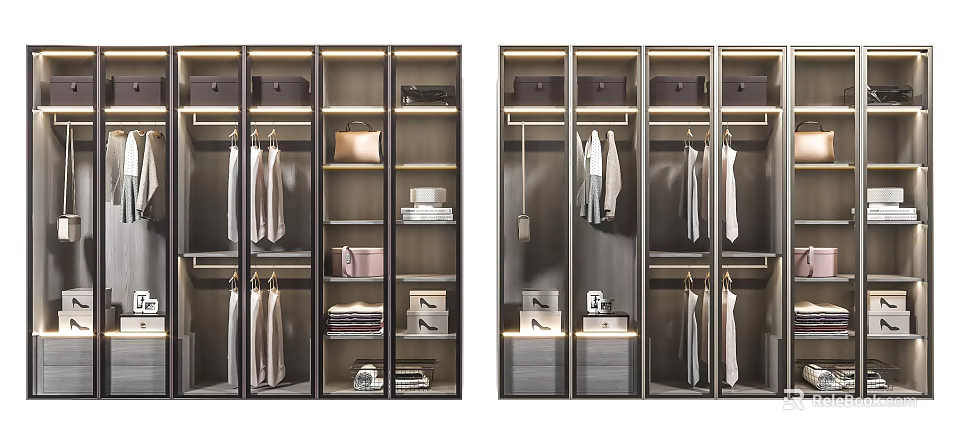 Modern Wardrobe Interior Design With Hanging Clothes Storage Boxes Shelves And Drawers 3d model 