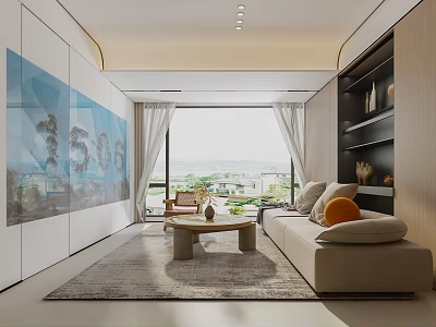 Modern Living Dining Room Interior With Sofa Coffee Table Large Window Abstract Painting And Shelving Unit 3d model
