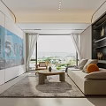 Modern Living Dining Room Interior With Sofa Coffee Table Large Window Abstract Painting And Shelving Unit