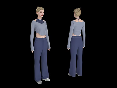 Stylish Cold Shoulder Long Sleeve Cropped Top With Navy Blue Loose Flared Pants 3d model