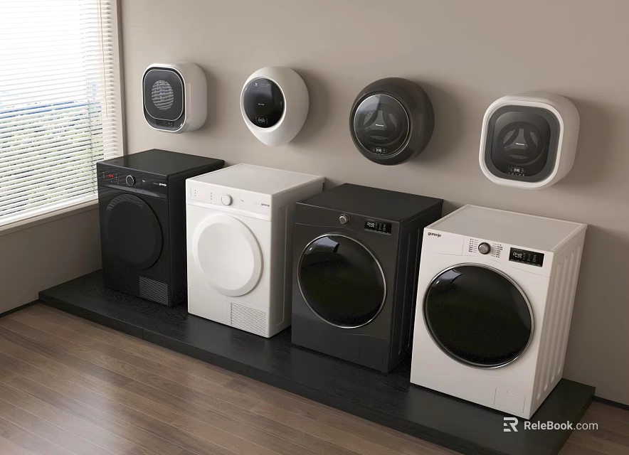 Modern Washing Machines With Black White Designs And Wall Mounted Dryers 3d model 