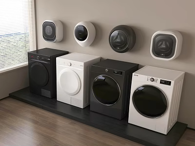 Modern Washing Machines With Black White Designs And Wall Mounted Dryers 3d model