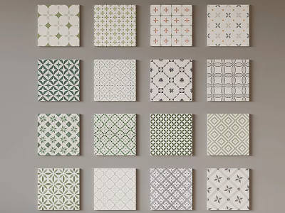Assorted Patterned Ceramic Tiles Display With Geometric Floral And Grid Designs 3d model