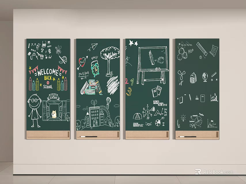 Chalkboard Wall Hangings with Hand Drawn Artwork Wooden Frames Four Panels Home Decor 3d model 