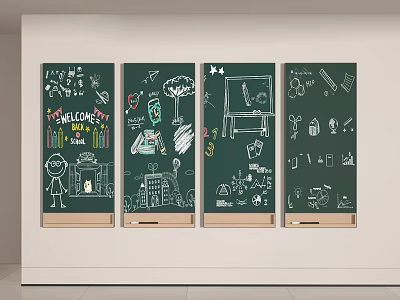 Chalkboard Wall Hangings with Hand Drawn Artwork Wooden Frames Four Panels Home Decor 3d model
