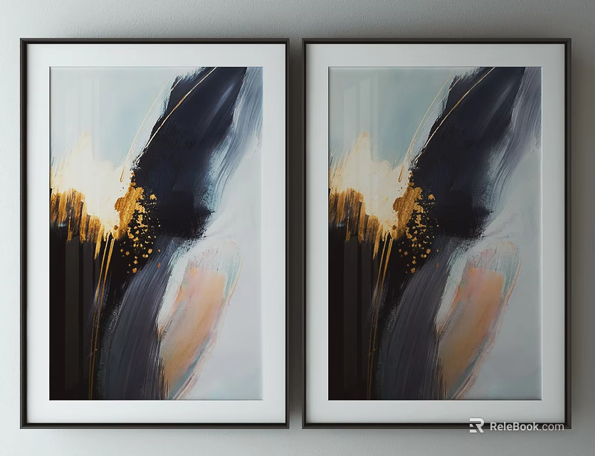 Framed Abstract Paintings With Black Gold Brushstrokes And Modern Wall Decor 3d model 