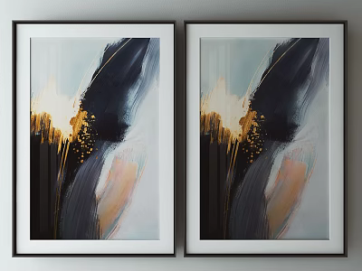 Framed Abstract Paintings With Black Gold Brushstrokes And Modern Wall Decor 3d model
