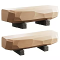 Modern Wooden Bench With Geometric Carved Design And Black Stone Bases