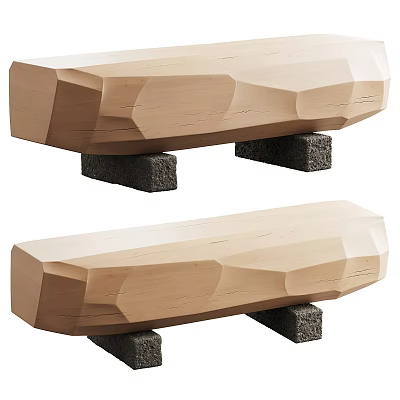 Modern Wooden Bench With Geometric Carved Design And Black Stone Bases 3d model