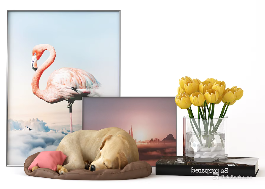 Decorative Ornament Set with Flamingo Painting Puppy Figurine Yellow Tulip Vase and Books 3d model 