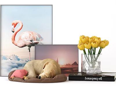 Decorative Ornament Set with Flamingo Painting Puppy Figurine Yellow Tulip Vase and Books 3d model