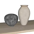 Minimalist Round and Tall Textured Gray and Off-White Ceramic Vases on Wooden Shelf