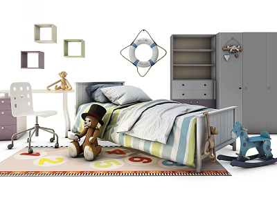 Colorful Children's Bedroom With Bed Teddy Bear Rocking Horse Desk And Wardrobe 3d model