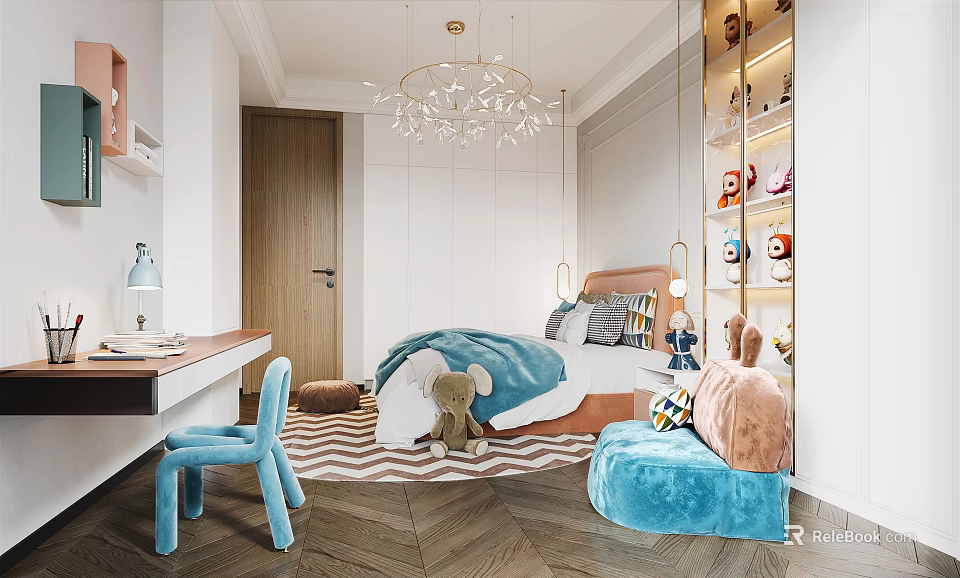 Cozy Kids Room Interior With Blue Bed Desk Chair Stuffed Toys And Striped Rug 3d model 