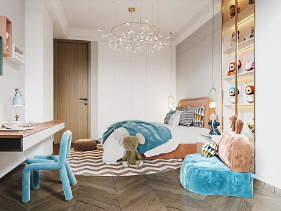 Cozy Kids Room Interior With Blue Bed Desk Chair Stuffed Toys And Striped Rug 3d model
