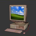 Vintage Computer With CRT Monitor Tower Keyboard Mouse Screen Blue Sky White Clouds Green Grass