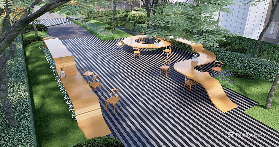 Tranquil Residential Landscape Featuring Striped Flooring Wooden Seating Circular Fire Pit And Lush Greenery 3d model 