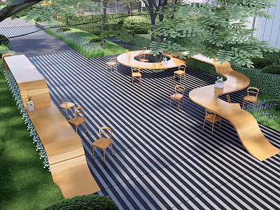 Tranquil Residential Landscape Featuring Striped Flooring Wooden Seating Circular Fire Pit And Lush Greenery 3d model