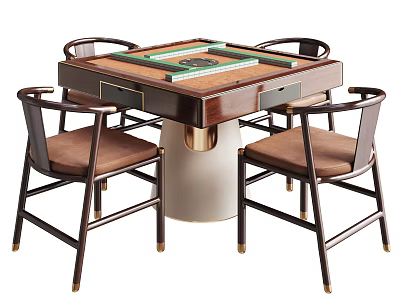 Square Mahjong Entertainment Table With Wooden Design Four Chairs Brown Cushions And Gold Accents 3d model