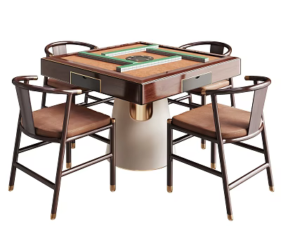 Square Mahjong Entertainment Table With Wooden Design Four Chairs Brown Cushions And Gold Accents 3d model