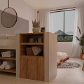 Modern Hotel Room With Double Beds Projector Green Plants And Round Rug