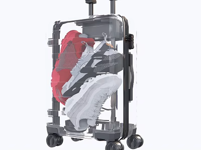 Transparent Suitcase with Red and White Sneakers Inside and Wheels Retractable Handle 3d model