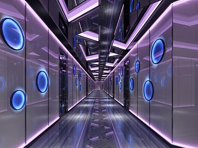 Futuristic Modern Hotel Corridor With Circular Illuminated Lighting And Mirrored Walls 3d model