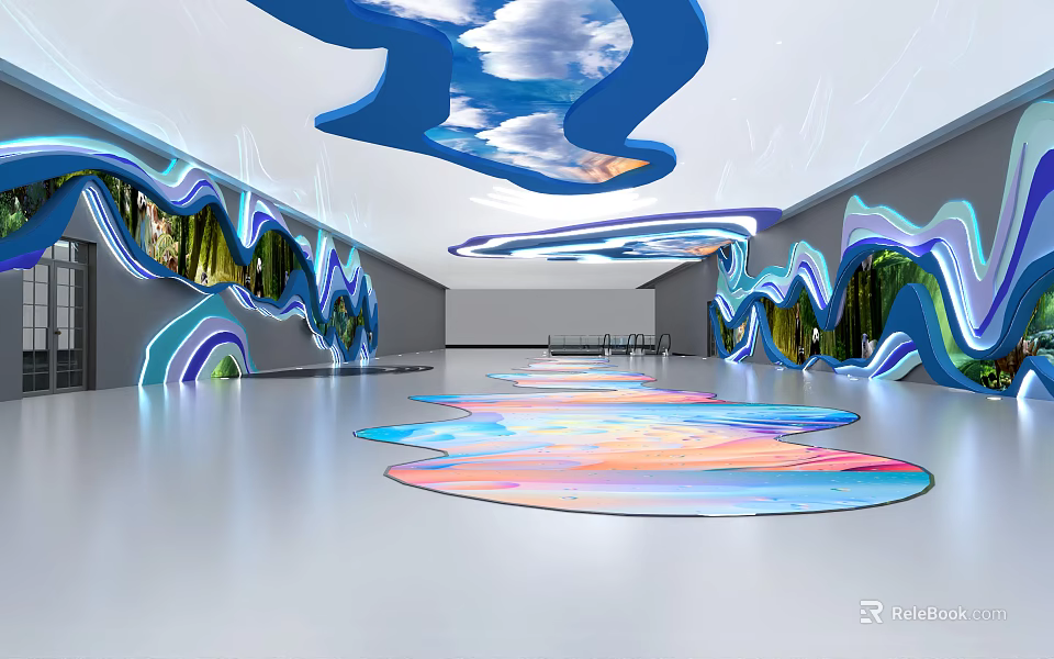 Modern Elevator Hallway With Blue Wavy Decor Mirrored Walls Colorful Floor And Cloud Ceiling 3d model 
