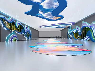 Modern Elevator Hallway With Blue Wavy Decor Mirrored Walls Colorful Floor And Cloud Ceiling 3d model