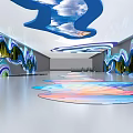 Modern Elevator Hallway With Blue Wavy Decor Mirrored Walls Colorful Floor And Cloud Ceiling 3d model