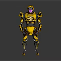 Yellow Mech Robot Character With Purple Faceplate And Green Chest Emblem