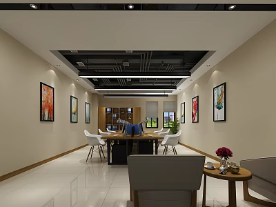 Modern Spacious Public Office Space With Wooden Tables White Chairs Colorful Paintings And Green Plants 3d model
