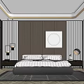 Modern Bedroom With Wooden Wall Paneling Large Bed Bedside Tables Hanging Lamps And Area Rug
