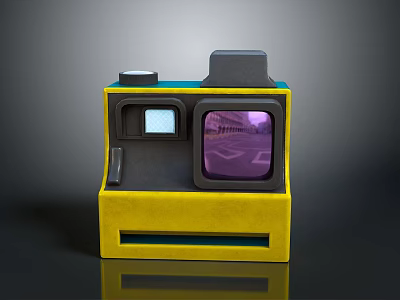 Retro Instant Camera With Yellow Black Body Purple Display And Vintage Design 3d model