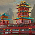 Traditional Chinese Ancient Architecture Multi Tiered Pagoda With Curved Eaves And Mountain Backdrop