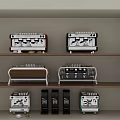 Colorful Coffee Machines Of Various Styles Displayed On Wooden Shelves
