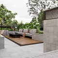 Modern Courtyard Garden Design With Wooden Deck Gray Sofa Fire Pit And Large Green Plants