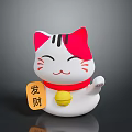 Lucky Cat Figurine With Red Ears White Body Red Collar Yellow Bell And Fortune Sign