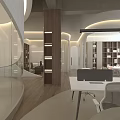 Modern Public Office Space With Glass Partitions Wooden Columns Desks Computers Chairs And Soft Lighting