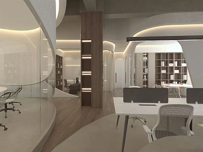 Modern Public Office Space With Glass Partitions Wooden Columns Desks Computers Chairs And Soft Lighting 3d model