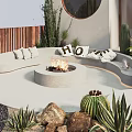 Modern Garden Landscape Design With Circular Platforms Fire Pit Seating And Cacti