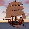 Decorative Model Sailing Ship With White Sails Wooden Hull And Blue Accents