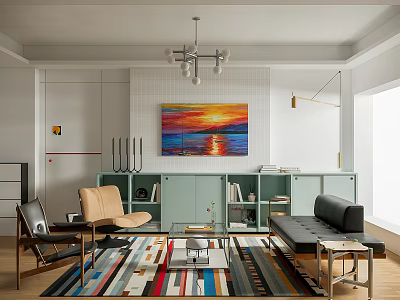 Modern Living Room Interior With Colorful Rug Sunset Painting And Black Sofa 3d model